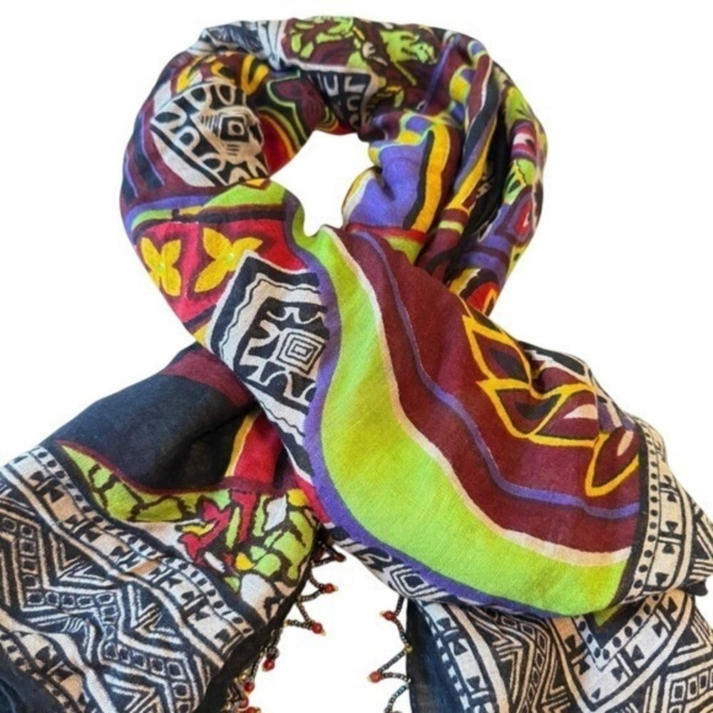 Vibrant Bold Scarf Multicolored Black Red Beaded Fringe Boho Women's Wrap